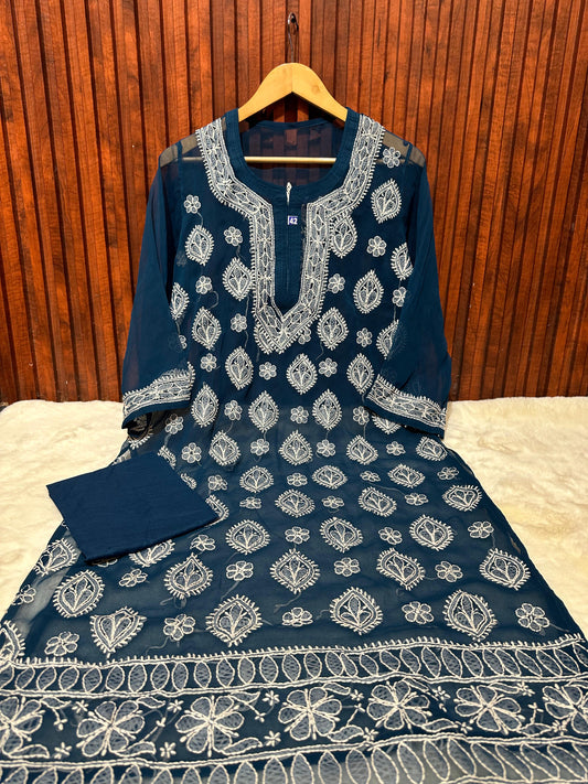Beautiful Georgette Ethnic Kurti embroidery and fabric detail - Neha Couture Indian Fashion