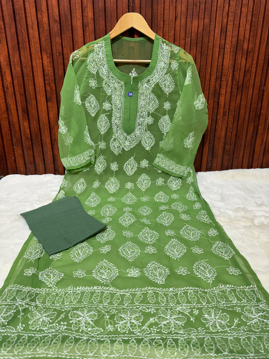 Ethnic Women's Georgette Chikankari Embroidery Straight Kurta embroidery and fabric detail - Neha Couture Indian Fashion