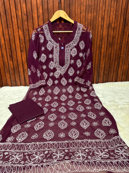 Women's Georgette Chikankari Kurti embroidery and fabric detail - Neha Couture Indian Fashion