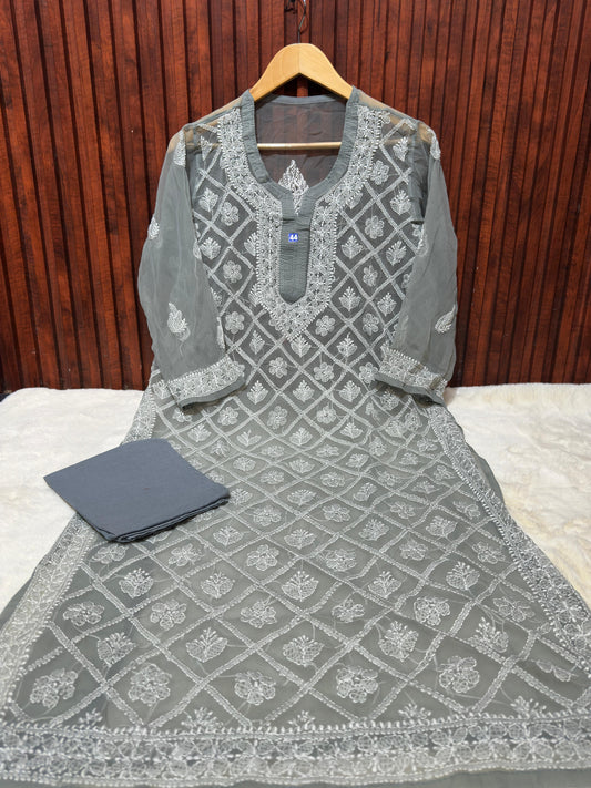Grey Women's Georgette Chikankari Embroidery Straight Kurta embroidery and fabric detail - Neha Couture Indian Fashion