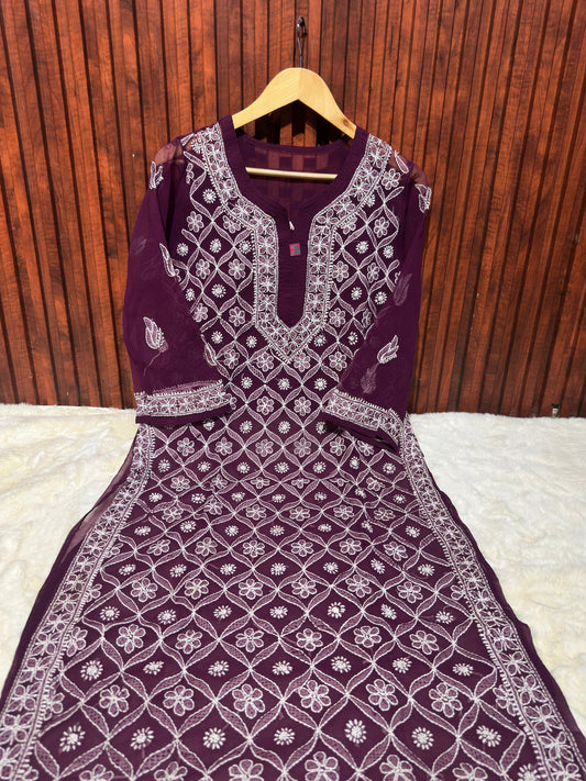 Unique Georgette Ethnic Kurti embroidery and fabric detail - Neha Couture Indian Fashion