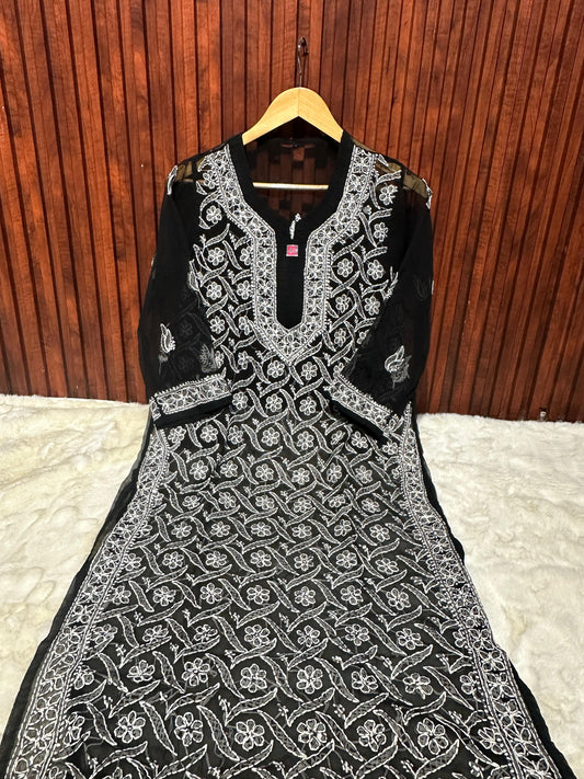 Women's Georgette Chikankari Kurti embroidery and fabric detail - Neha Couture Indian Fashion