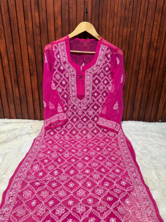 Pink Women's Georgette Chikankari Embroidery Straight Kurta embroidery and fabric detail - Neha Couture Indian Fashion