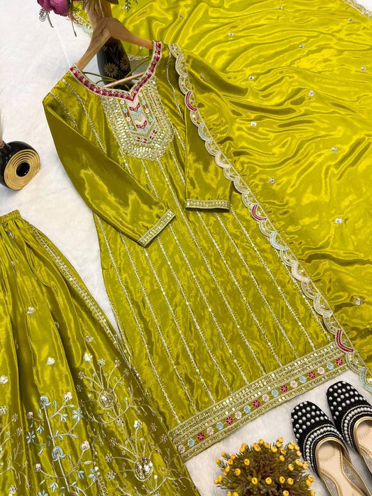 Pure Heavy Chinnon Silk stitched Suit embroidery and fabric detail - Neha Couture Indian Fashion