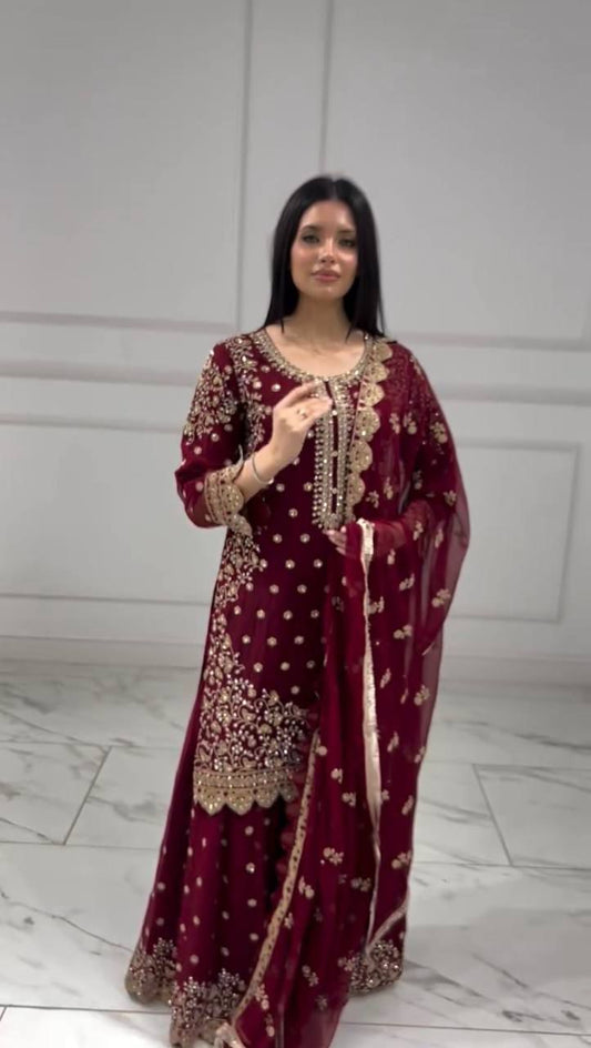 Embroidery Sequence Worked Top-Plazzo And Dupatta Set Fully Stitched Suit in Berlin