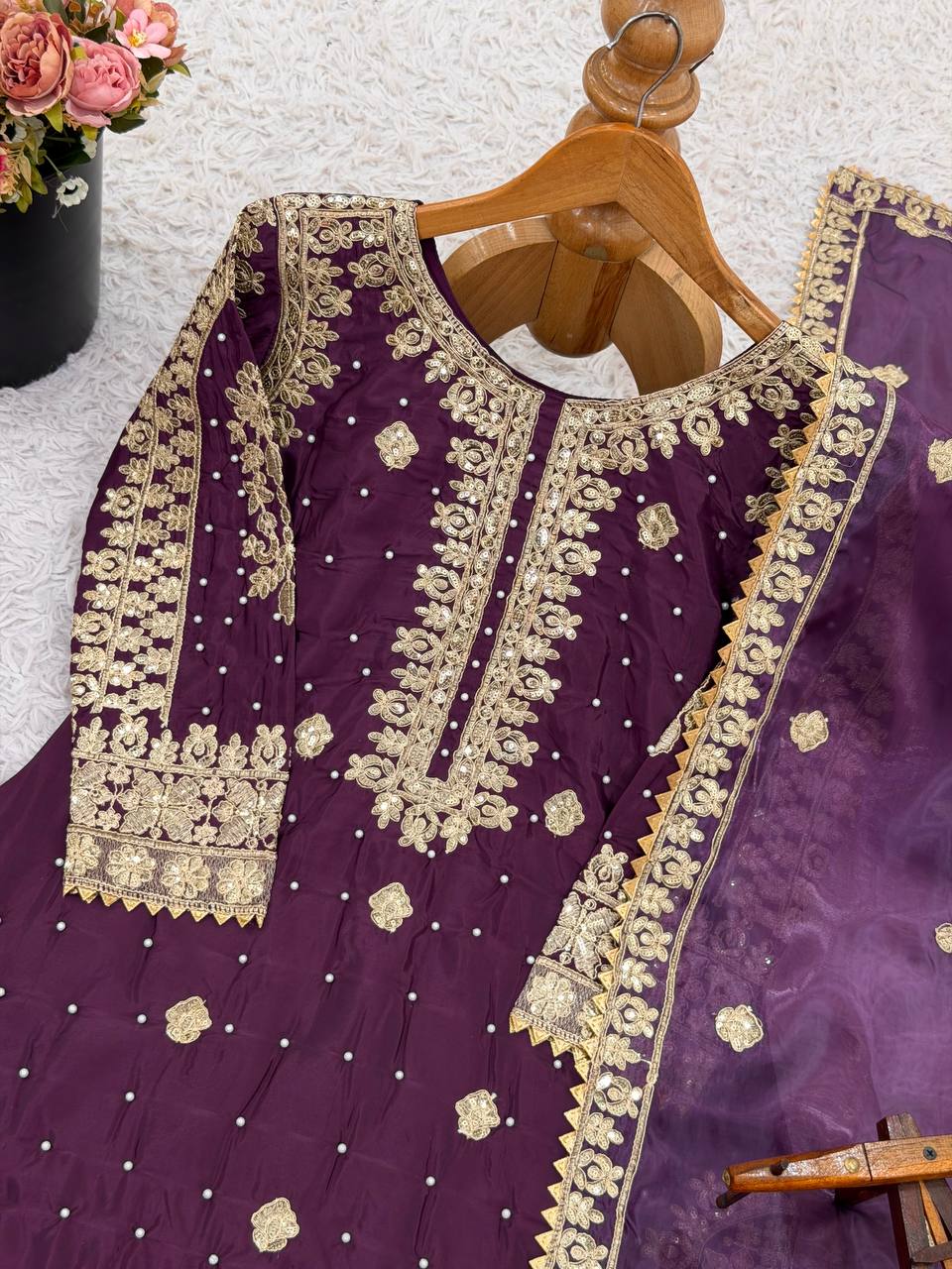 Natural Crep Silk Top-Bottom And Dupatta Set Fully Stitched in Berlin