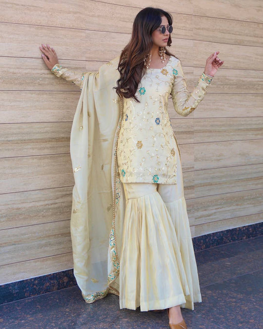 Chinon Sequence work Suit embroidery and fabric detail - Neha Couture Indian Fashion