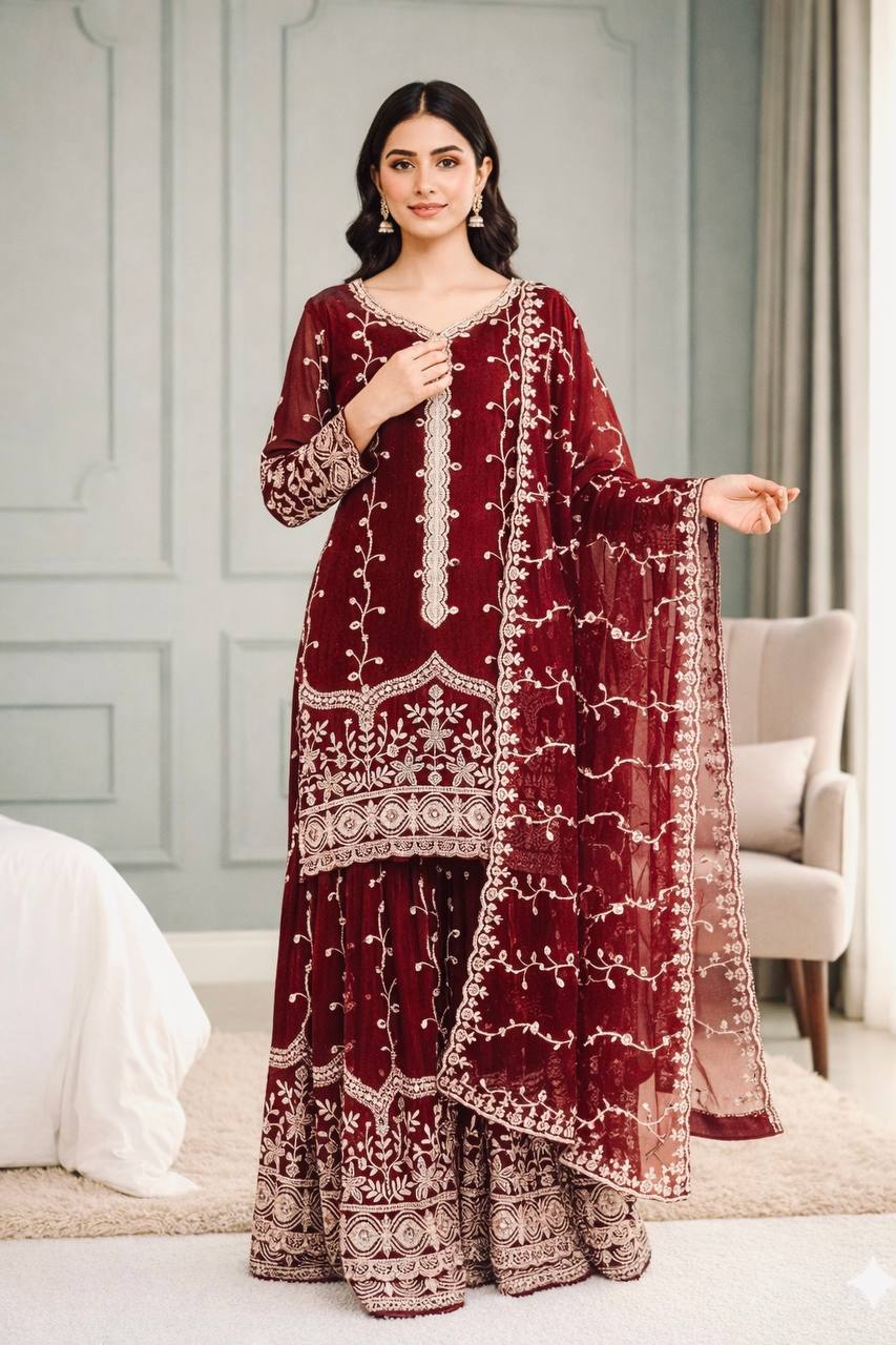 Silk And Heavy Embroidery Sequence Work Top-Bottom And Dupatta Set in Germany