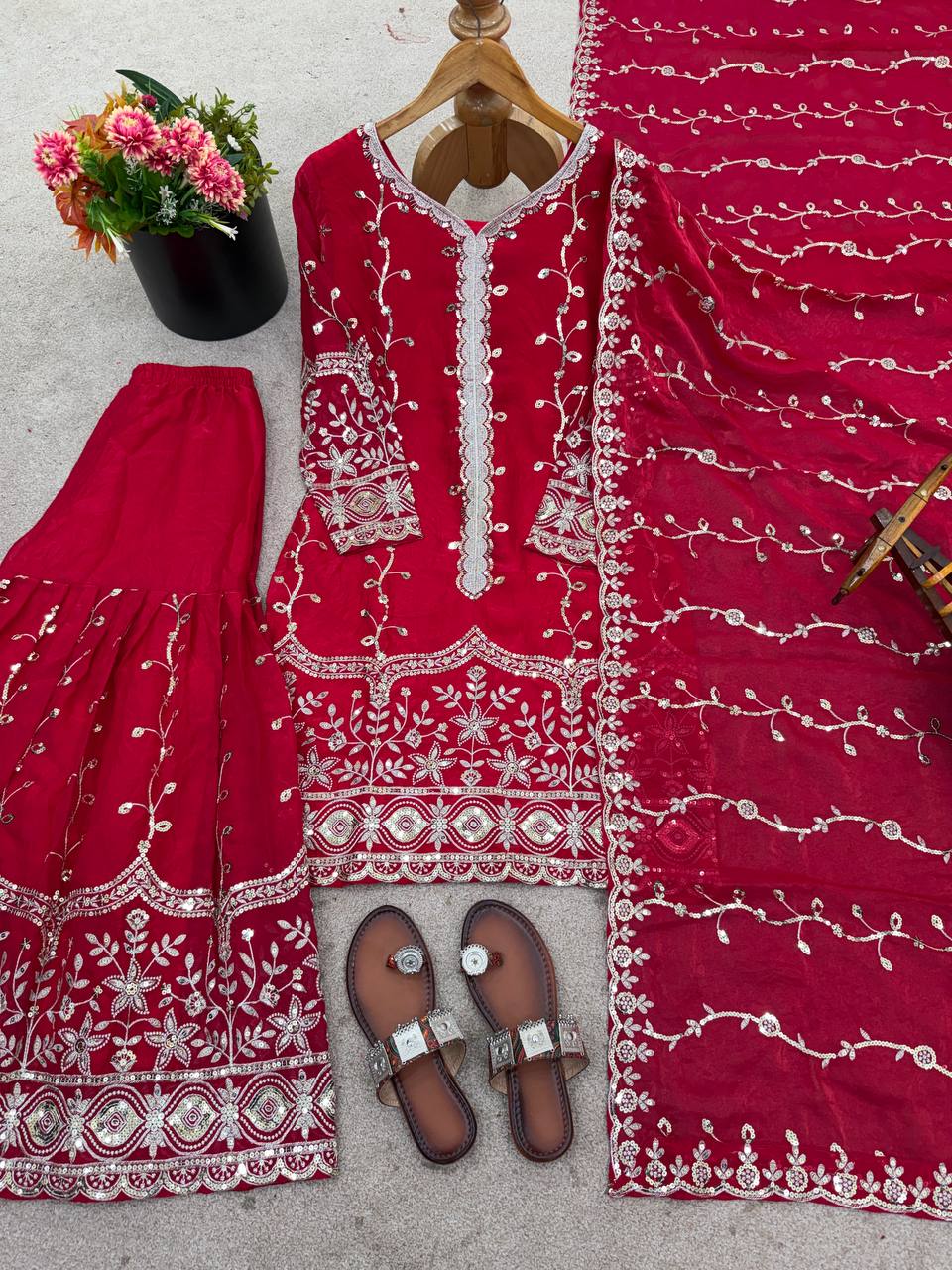 Silk And Heavy Embroidery Sequence Work Top-Bottom And Dupatta Set in Germany