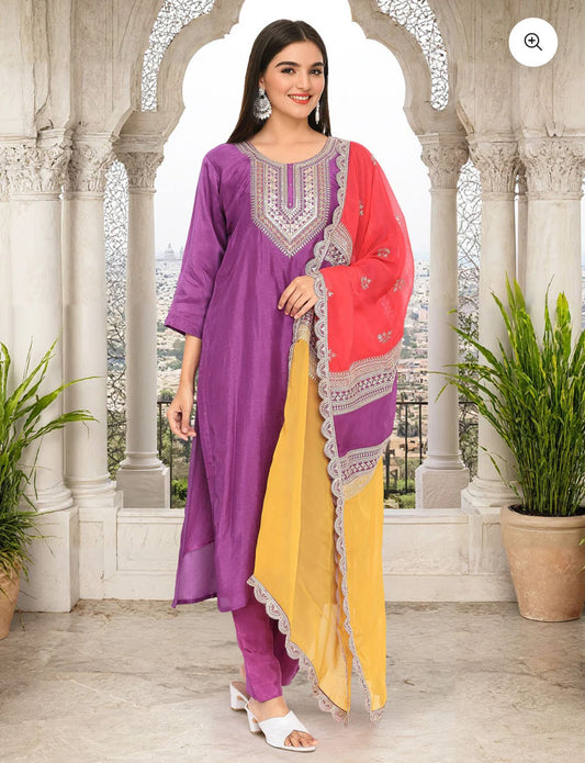 Purple Poly Silk Lace Scalloped Zari embroidery Straight fit kurta set embroidery and fabric detail - Neha Couture Indian Fashion