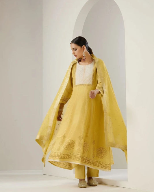 Women Chanderi Kurta pant dupatta set embroidery and fabric detail - Neha Couture Indian Fashion