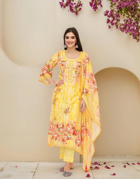 Comfy Yellow Pure Cotton Floral Printed Kurta Set With Straight Bottom And Flowy Dupatta in Munich