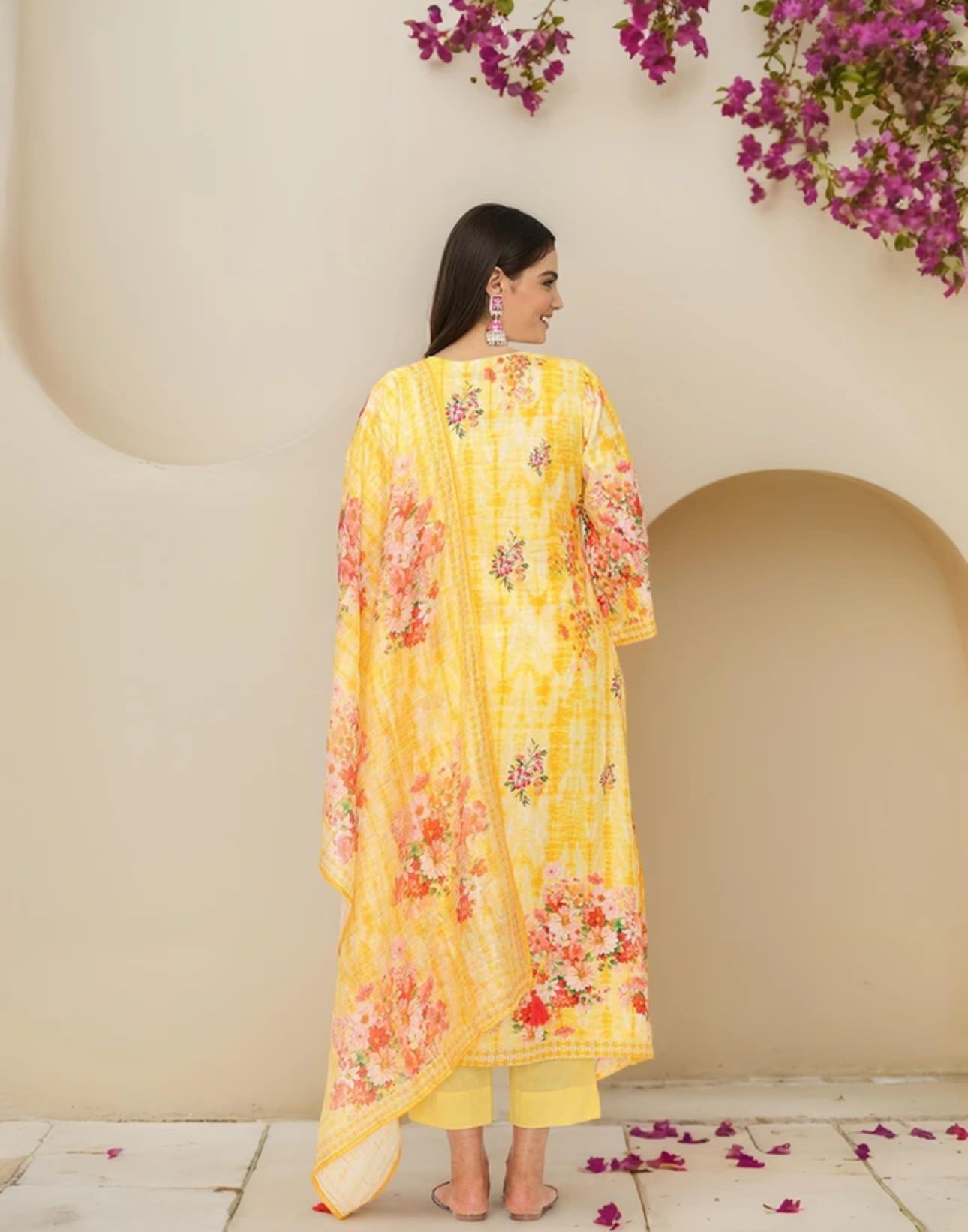 Comfy Yellow Pure Cotton Floral Printed Kurta Set With Straight Bottom And Flowy Dupatta in Munich