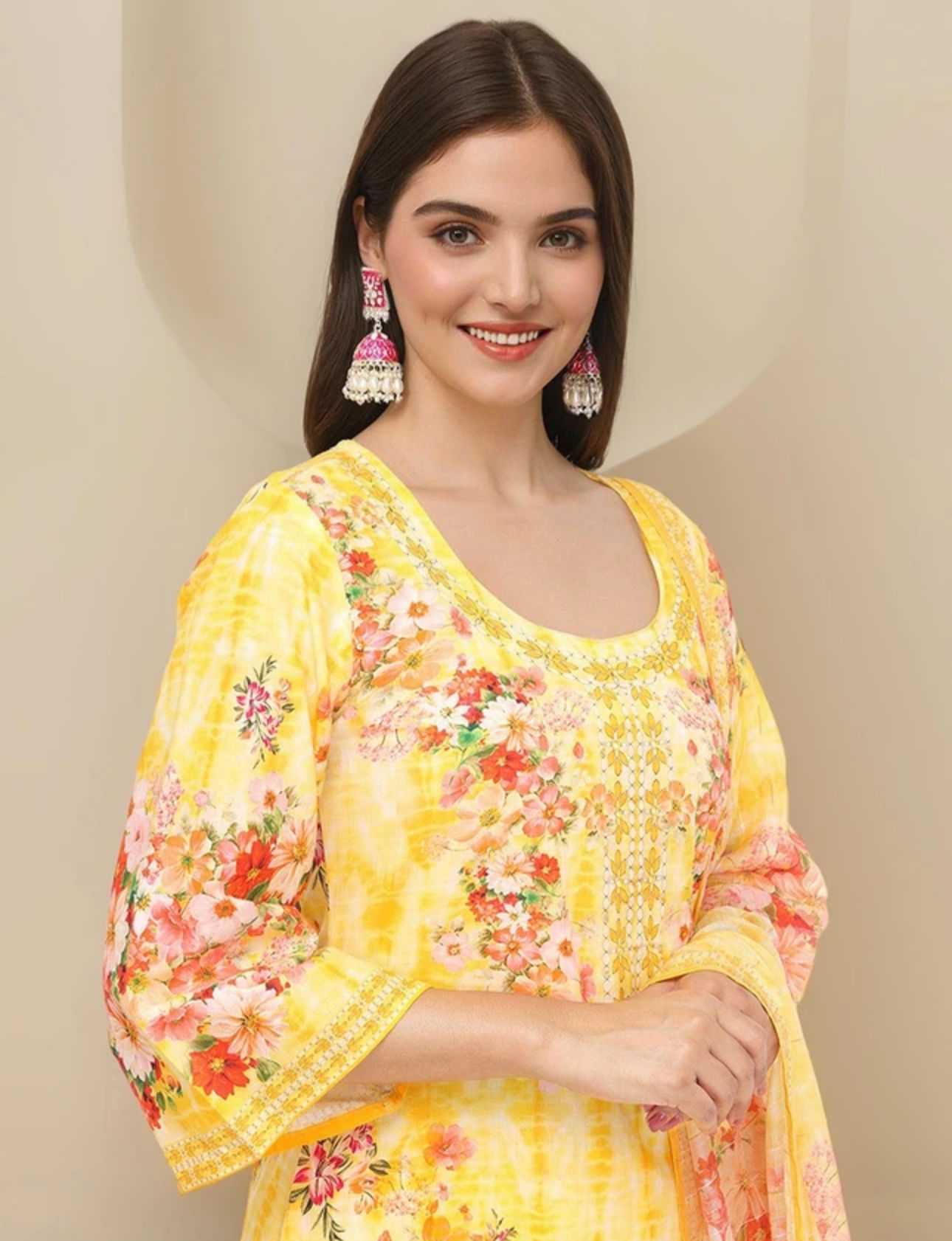 Comfy Yellow Pure Cotton Floral Printed Kurta Set With Straight Bottom And Flowy Dupatta in Munich