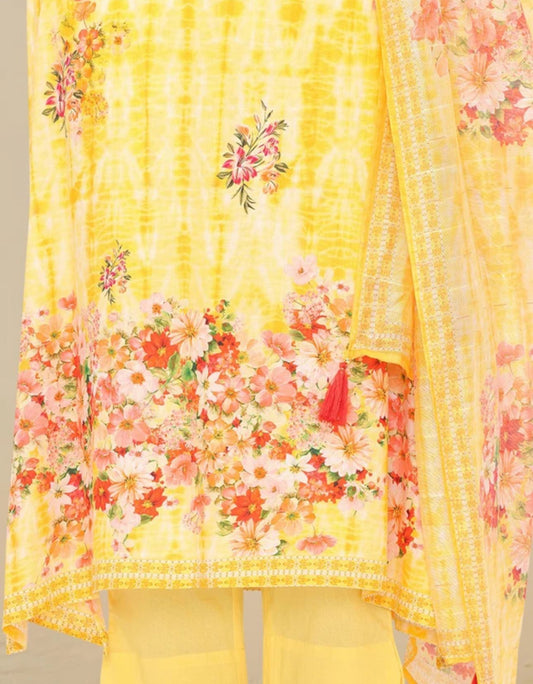 Comfy Yellow Pure Cotton Floral Printed Kurta Set With Straight Bottom And Flowy Dupatta embroidery and fabric detail - Neha Couture Indian Fashion