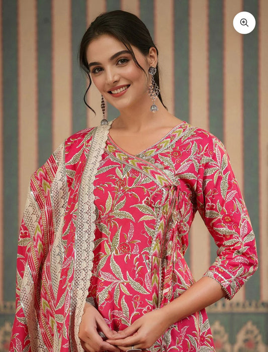 Floral Printed Angrakha Kurta With Straight Bottom And Cotton Printed Dupatta embroidery and fabric detail - Neha Couture Indian Fashion