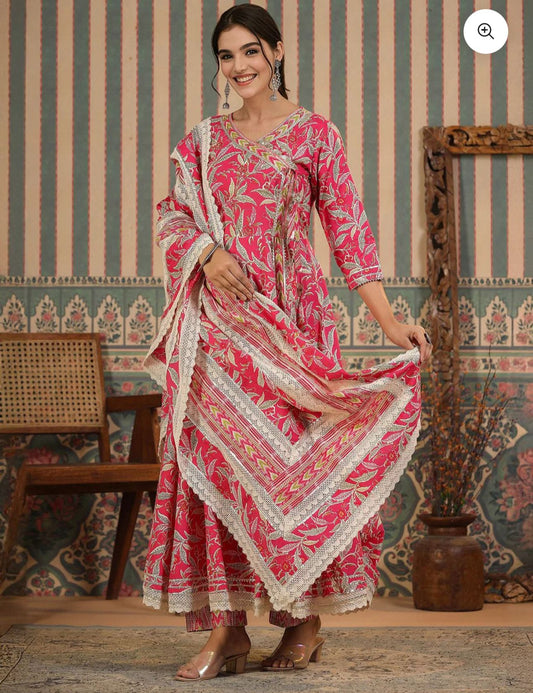 Floral Printed Angrakha Kurta With Straight Bottom And Cotton Printed Dupatta in Berlin
