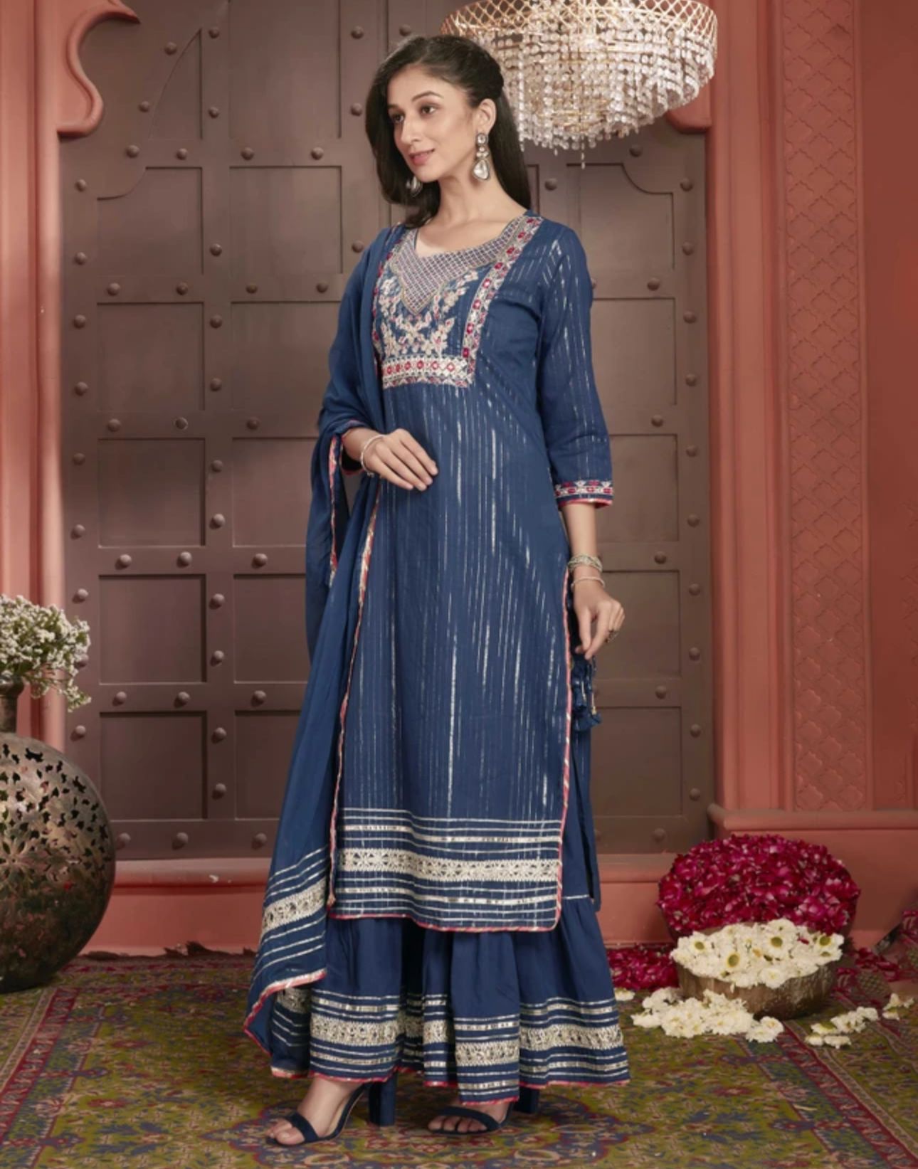 Teal Embroidered Kurta With Sharara & Dupatta in Germany