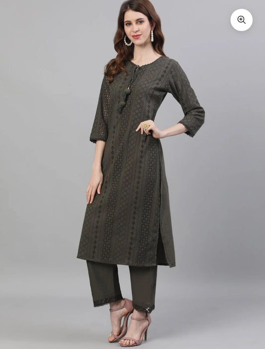 Self Design Kurta with Trousers & Dupatta embroidery and fabric detail - Neha Couture Indian Fashion