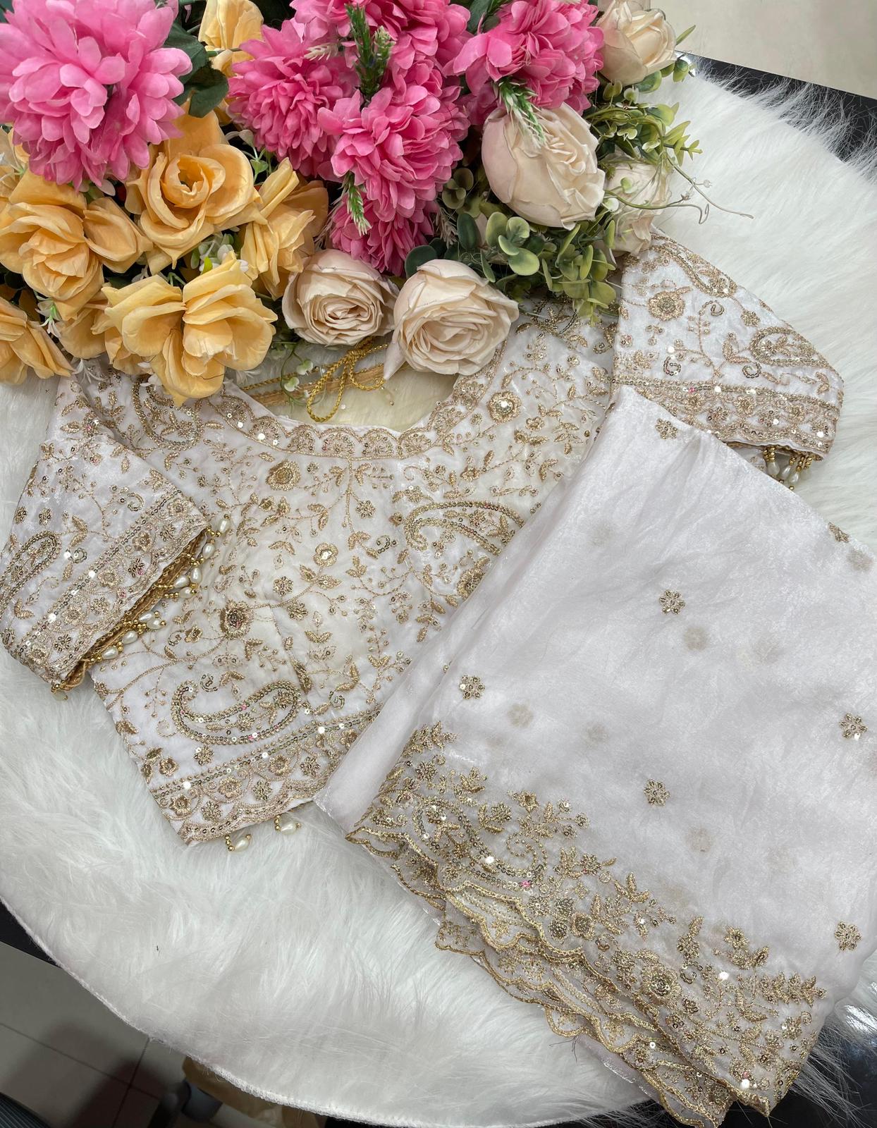 White Fandy Silk C -pallu Sequins embroidery work saree in Germany