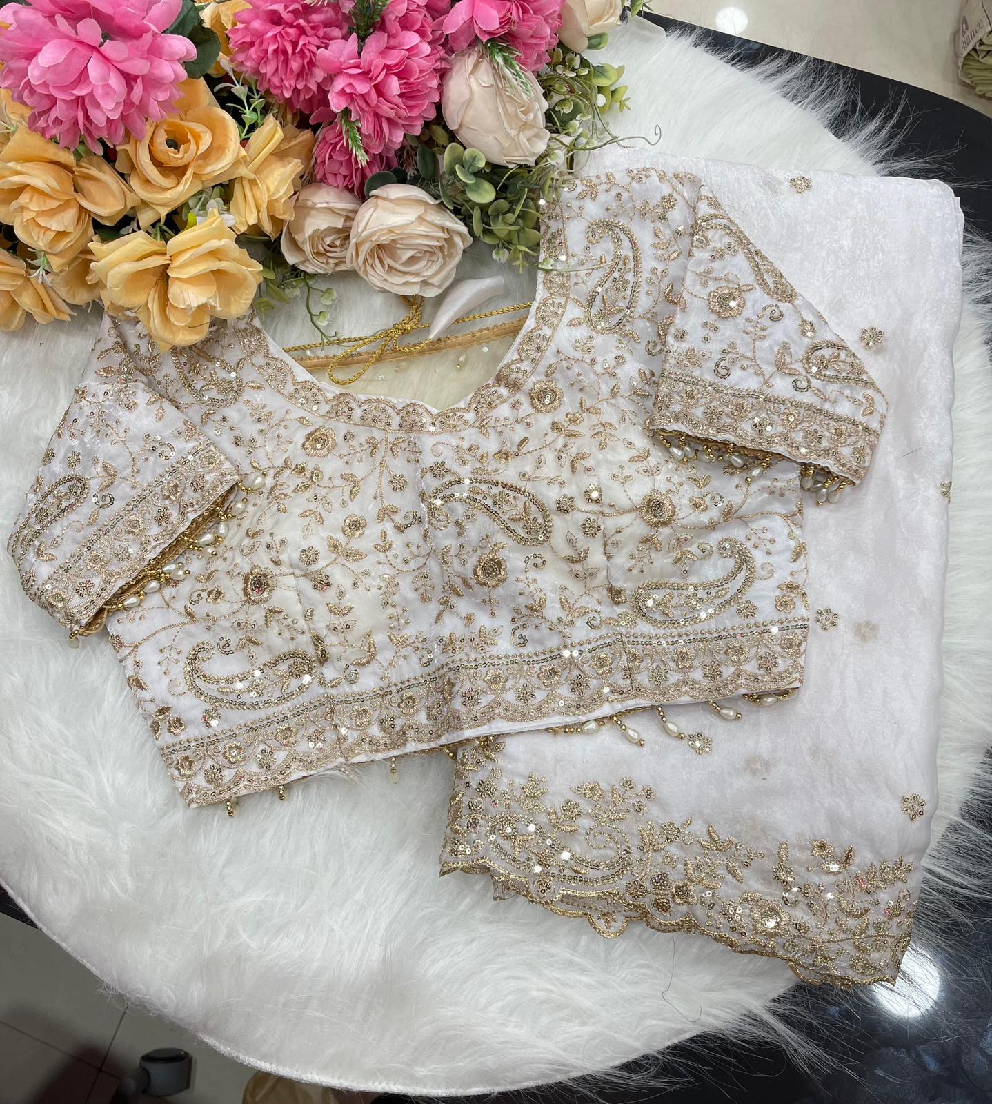 White Fandy Silk C -pallu Sequins embroidery work saree in Germany