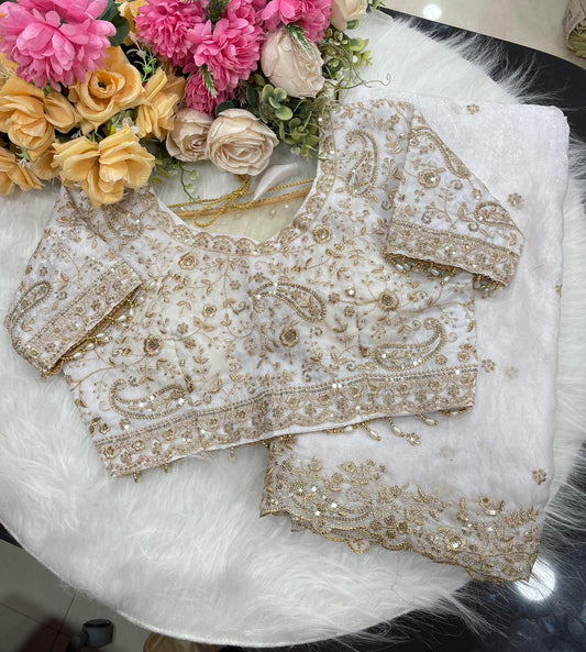 White Fandy Silk C -pallu Sequins embroidery work saree in Germany