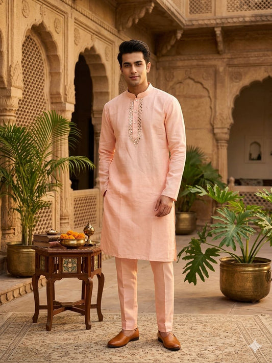 Men's Silk Peach Kurta Churidar Set in Munich