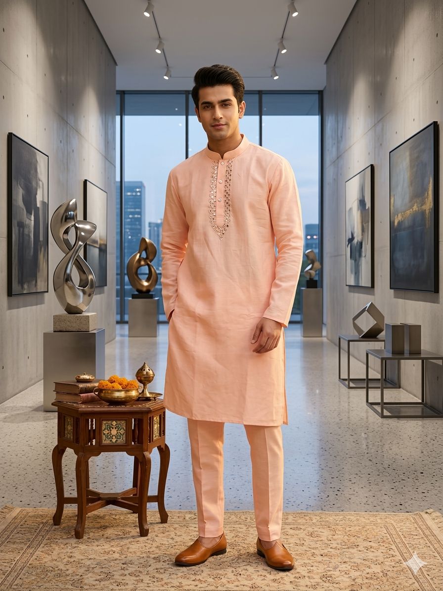 Men's Silk Peach Kurta Churidar Set in Munich