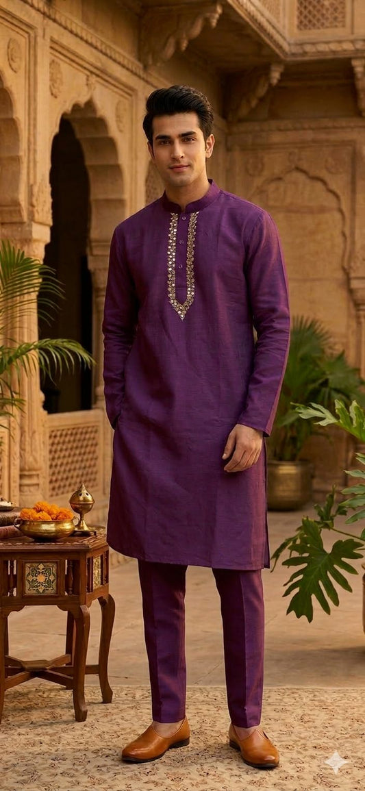 Men's Silk Purple Kurta Churidar Set in Germany