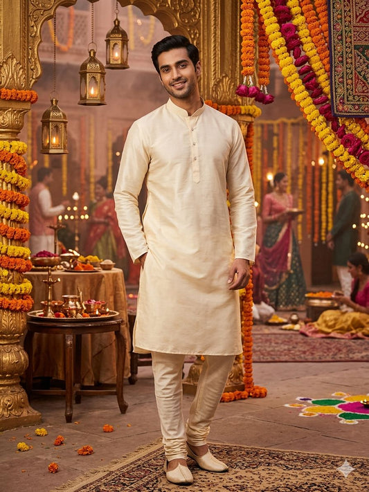 Men's Silk Beige Kurta Churidar Set in Germany