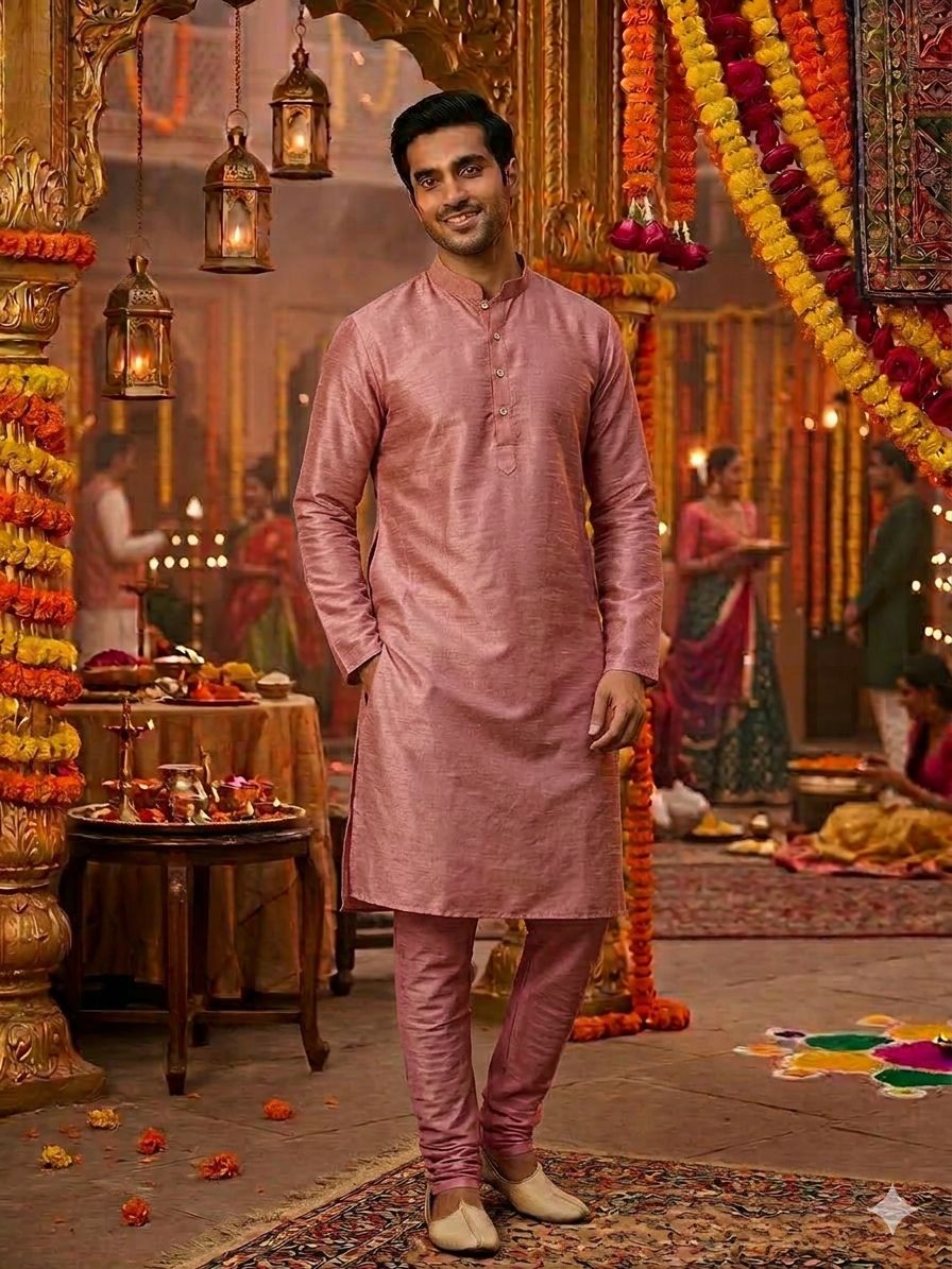 Men's Silk Onion Pink Kurta Churidar Set in Germany