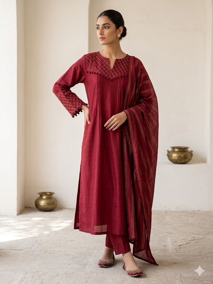 Maroon Embroidered Neck  Kurta Bottom Dupatta Set in Berlin