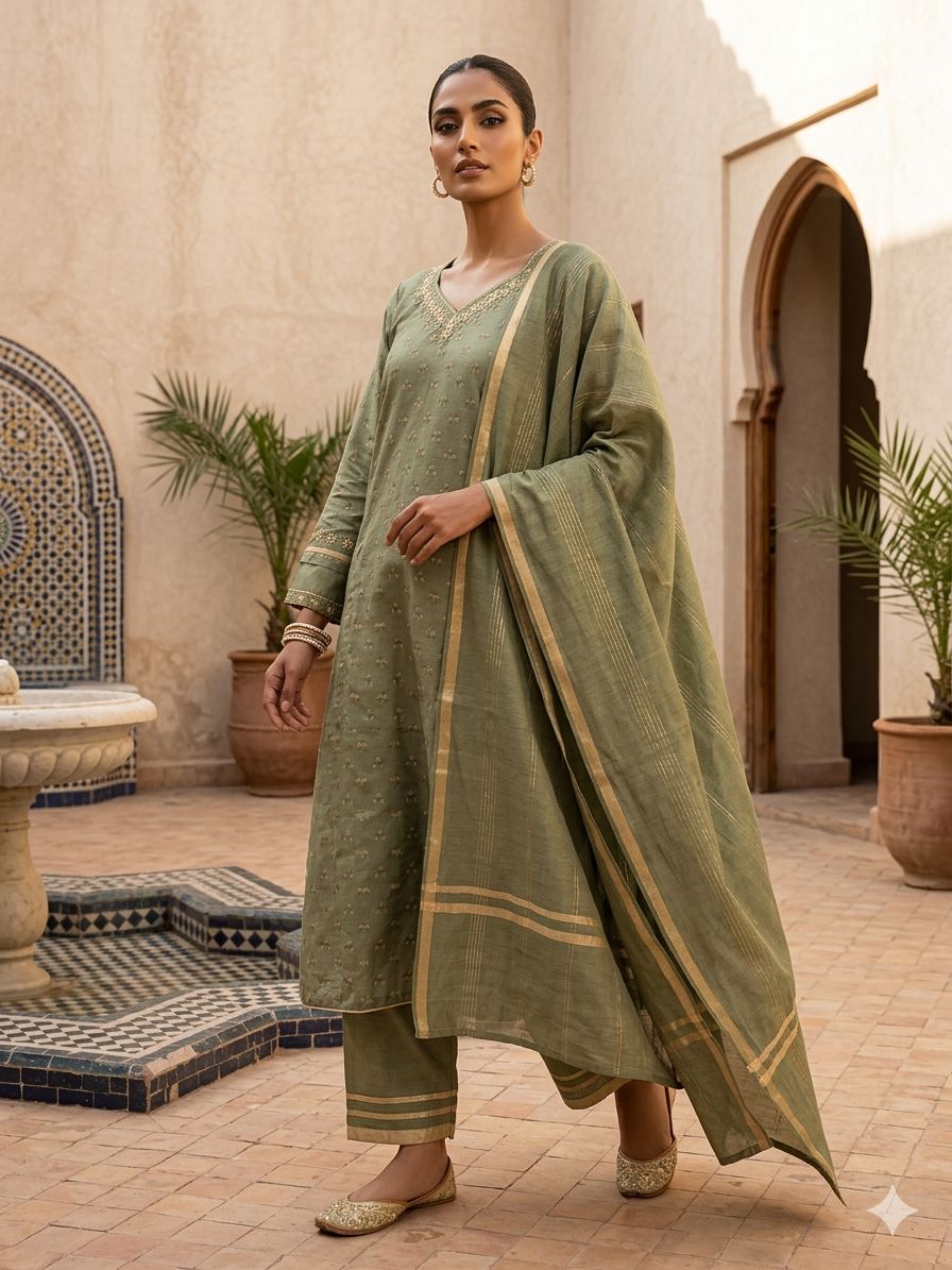 Sage Green Embroidered Neck  Kurta Bottom Dupatta Set in Munich