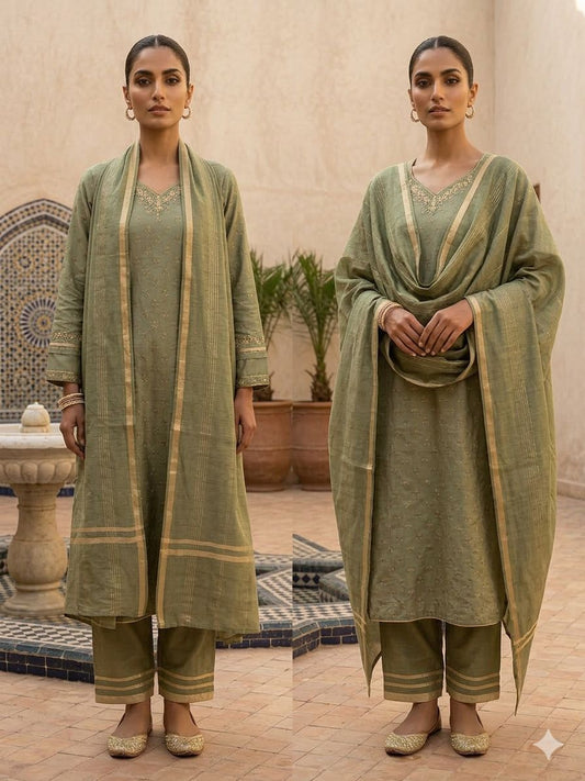 Sage Green Embroidered Neck  Kurta Bottom Dupatta Set in Munich