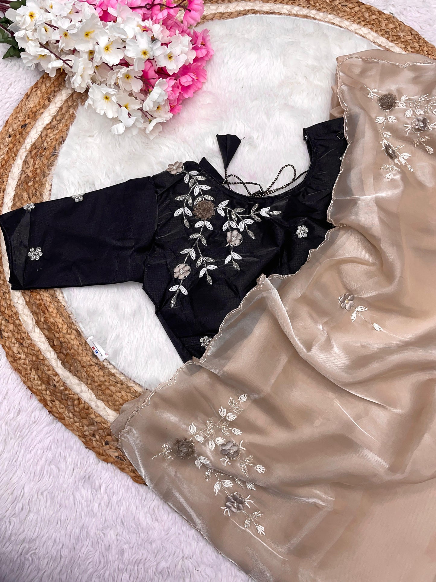 Jimmy Choo Satin Saree with Khatli Cut Dena Handwork and Arco Border With in Germany