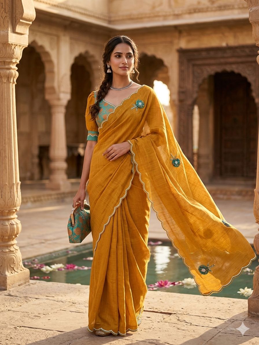 Mustard Yellow Saree with stitched blouse in Germany