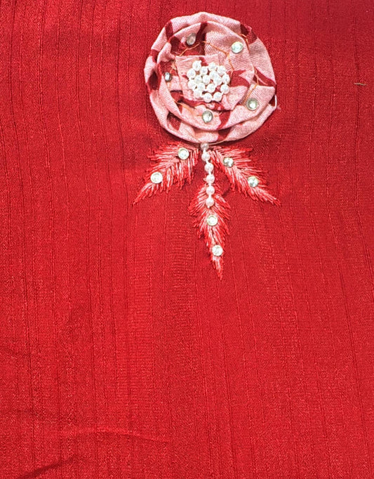 Red Saree with stitched blouse embroidery and fabric detail - Neha Couture Indian Fashion