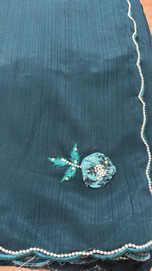 Rama Blue Saree with stitched blouse embroidery and fabric detail - Neha Couture Indian Fashion