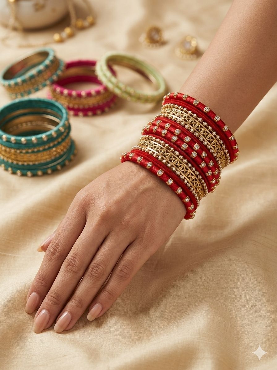 Red Silk Thread Kundan  Bangle Set in Berlin