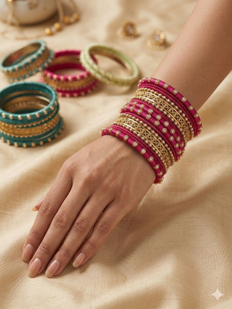 Pink Silk Thread Kundan  Bangle Set in Berlin