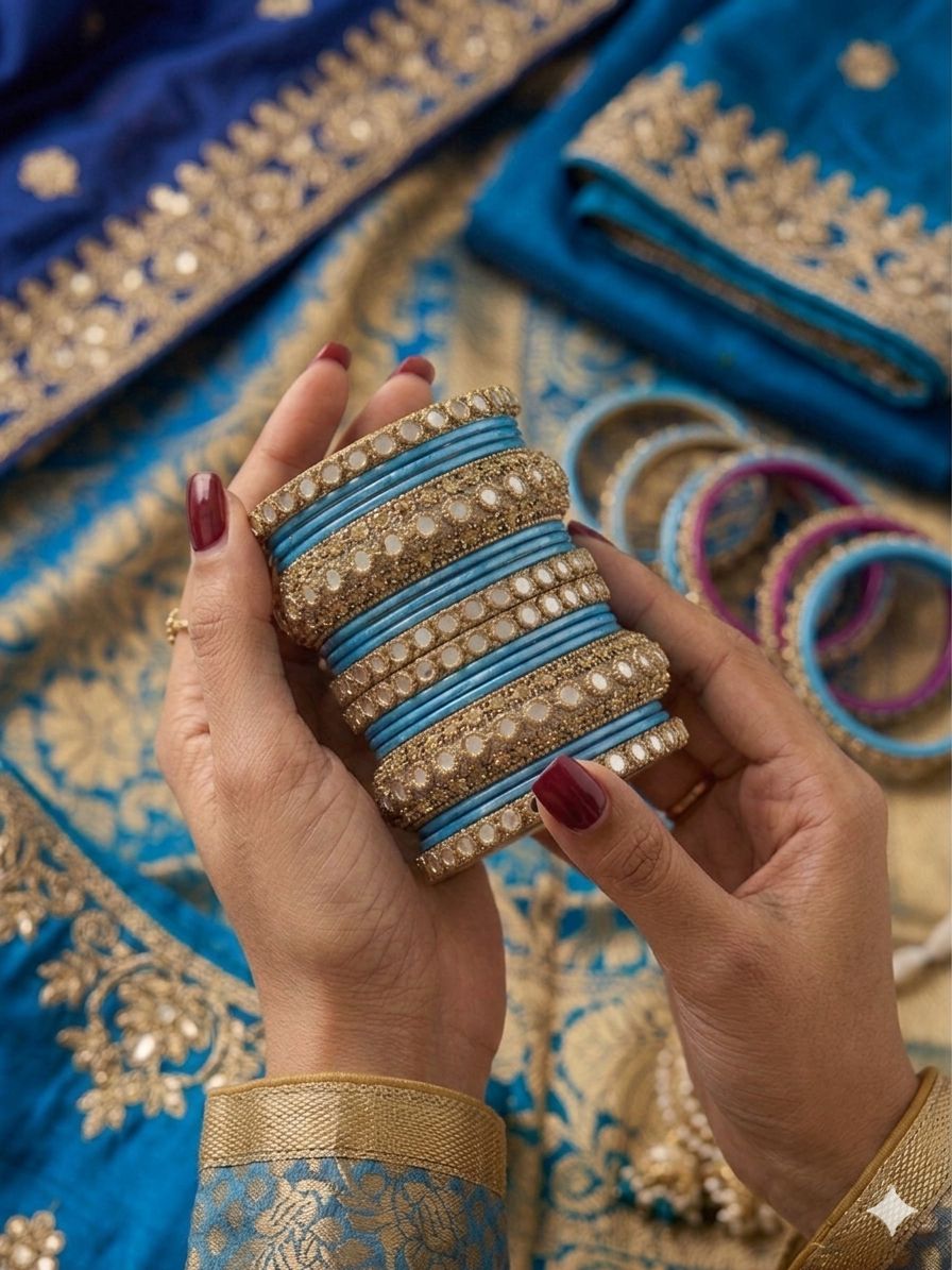 Sky blue Kundan bangles set in Germany