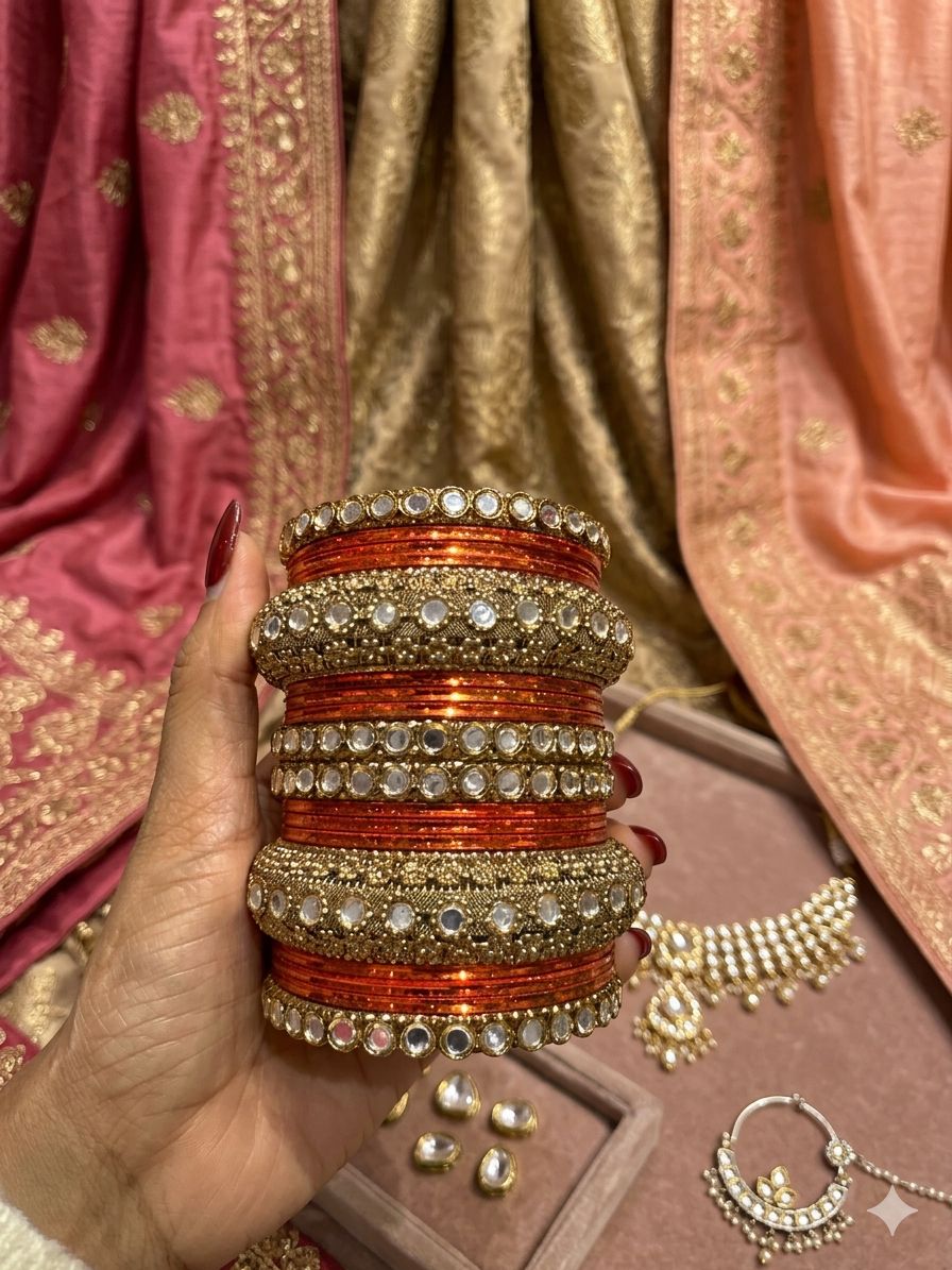 Orange Kundan bangles set in Germany