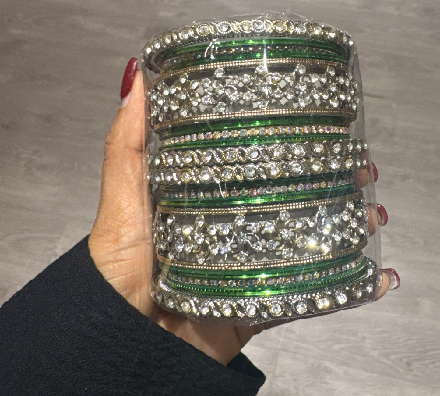 Bottle Green Kundan bangles set in Germany