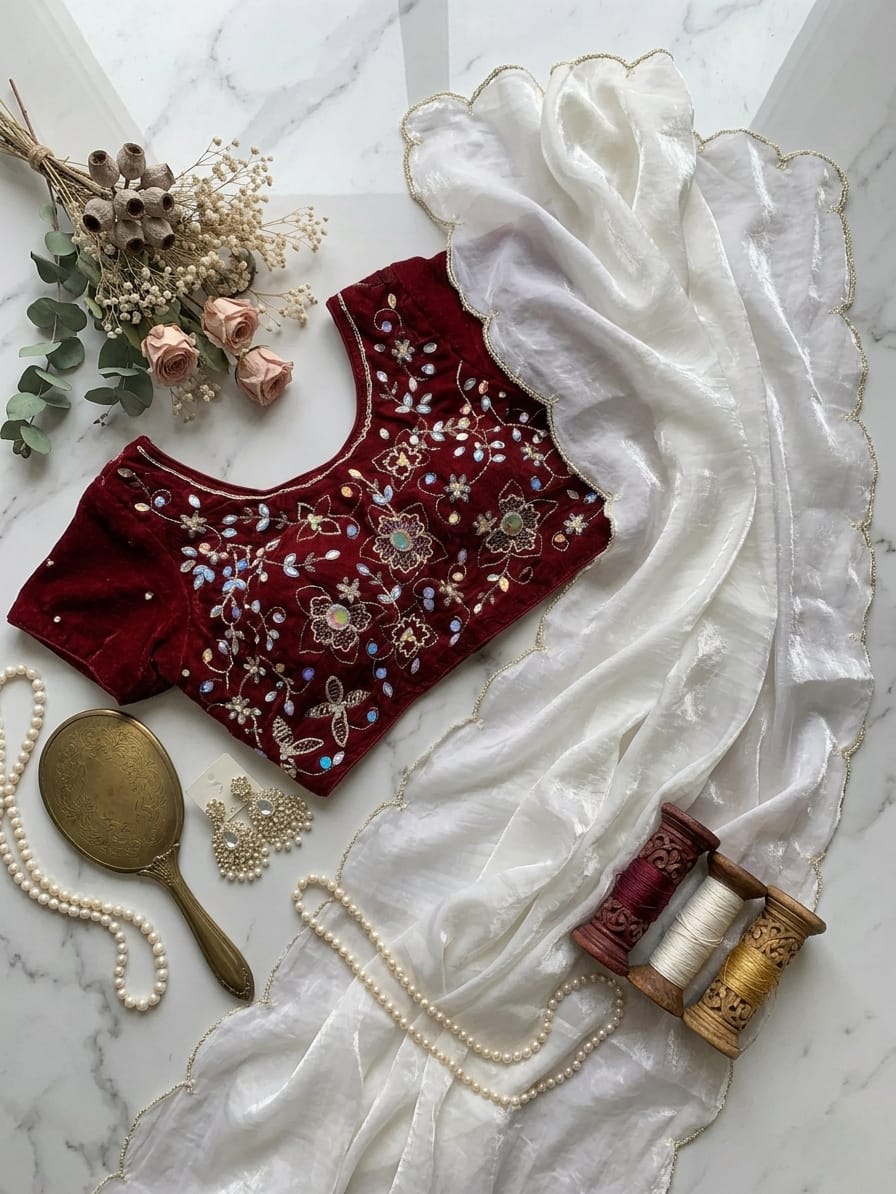 White Unique Fendy saree in Berlin(Onam Saree)