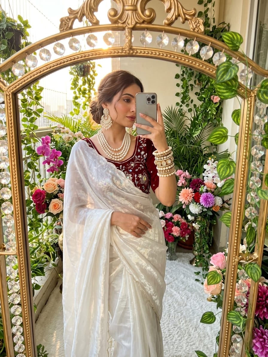 White Unique Fendy saree in Berlin(Onam Saree)