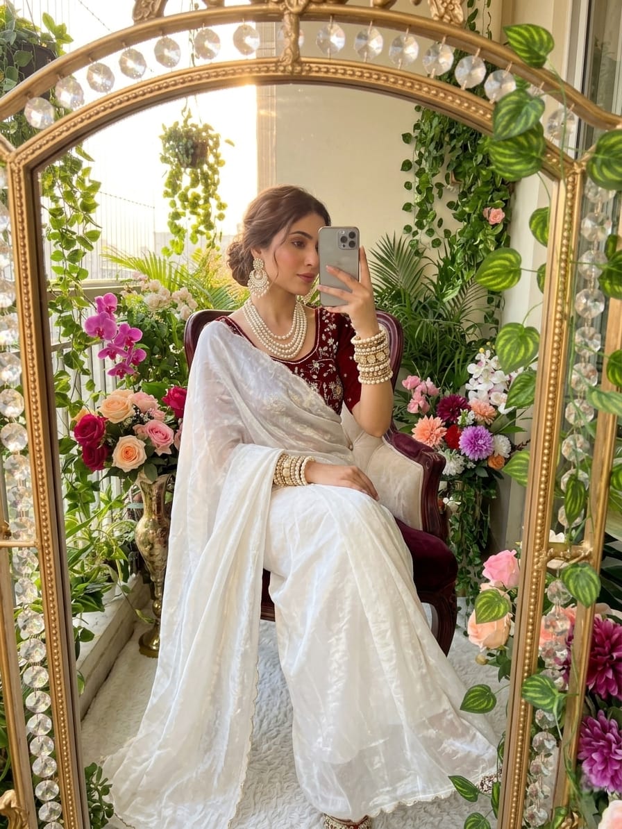 White Unique Fendy saree in Berlin(Onam Saree)