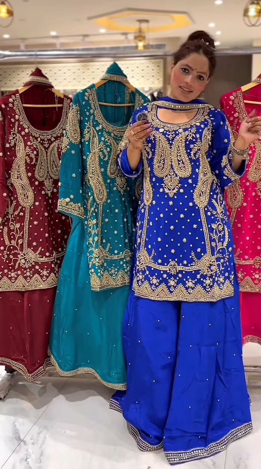 Royal Blue Party Wear Look Top, Sharara Palazzo and Dupatta embroidery and fabric detail - Neha Couture Indian Fashion