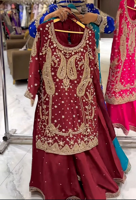 Maroon Party Wear Look Top , Sharara Plazzo and Dupatta in Germany