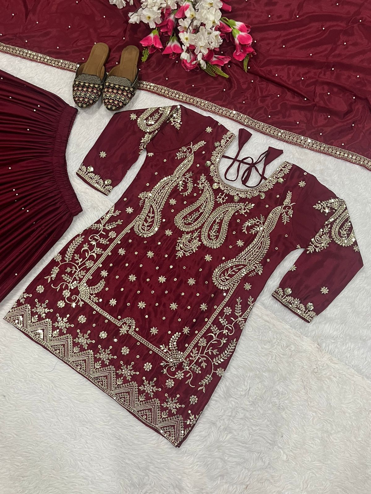 Maroon Party Wear Look Top , Sharara Plazzo and Dupatta in Germany