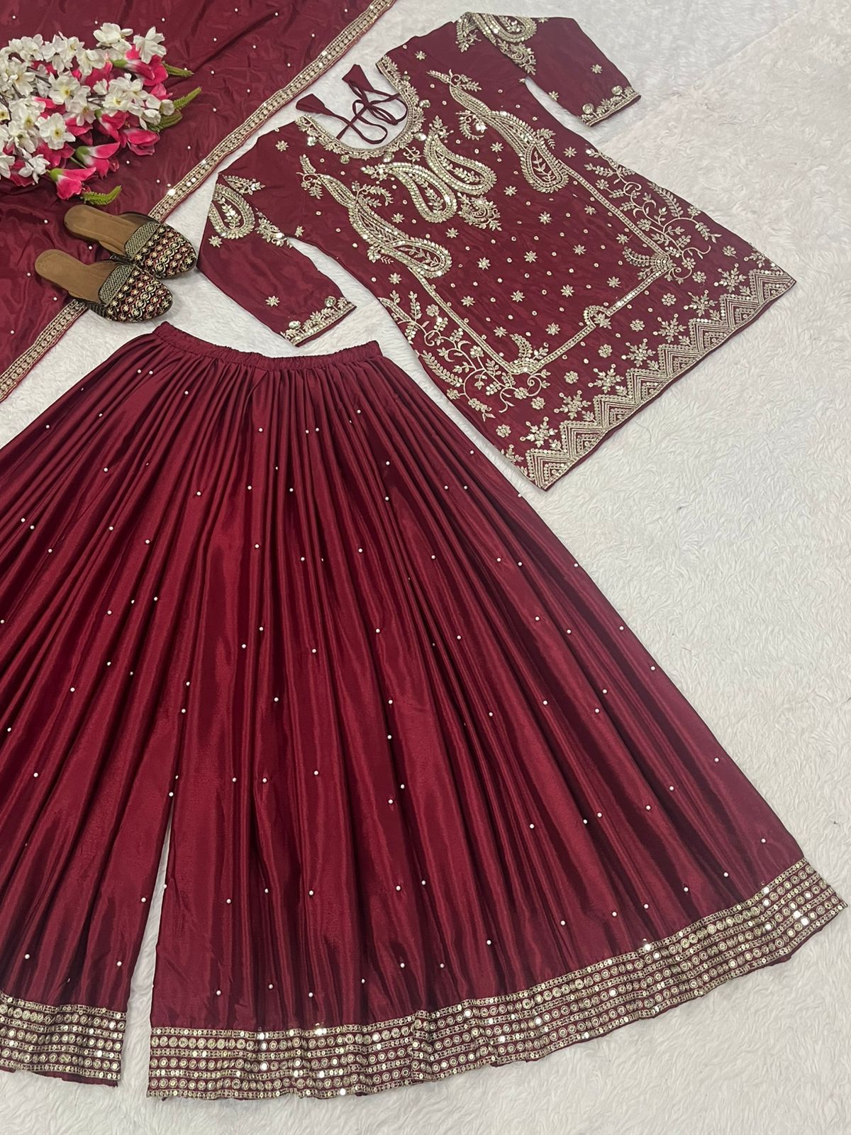 Maroon Party Wear Look Top , Sharara Plazzo and Dupatta in Germany